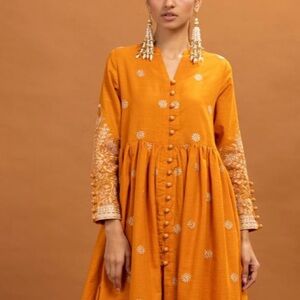 Pakistani Indian Festive Party Dress orange Floral Print 2 piece with Dupatta